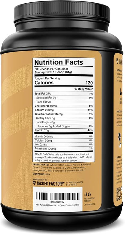 Jacked Factory Authentic ISO Whey Protein Isolate Powder - Low Carb, Non-GMO Muscle Building Protein w/No Fillers, Post Workout Recovery - 30 Servings, Vanilla Oatmeal Cookie