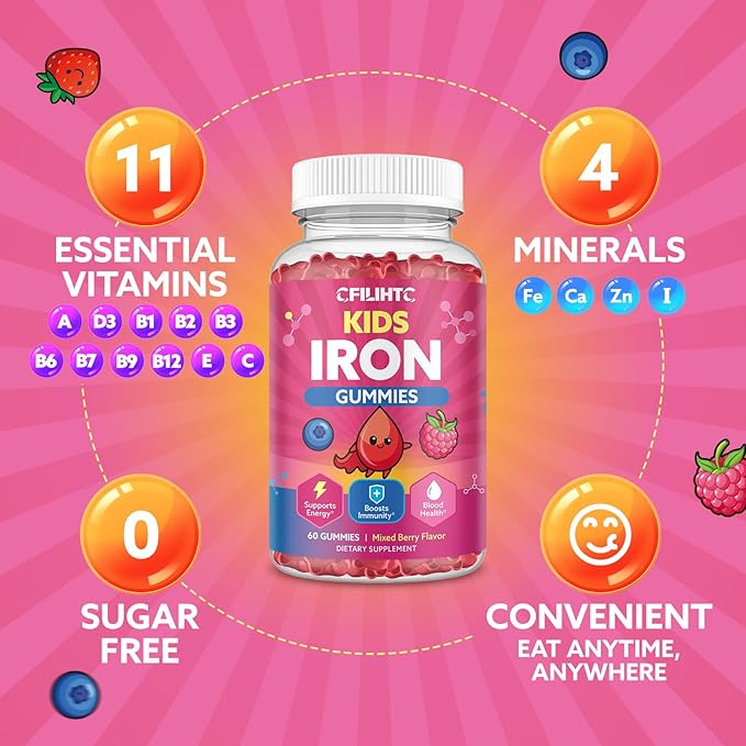 Iron Gummies for Kids & Teens, Kids Multivitamin with Iron Supplement, Calcium, Folate, Zinc, Prebiotic - for Blood Builder & Energy Support, Iron Deficiency - Vegan & Non-GMO - 60 Count Mixberry