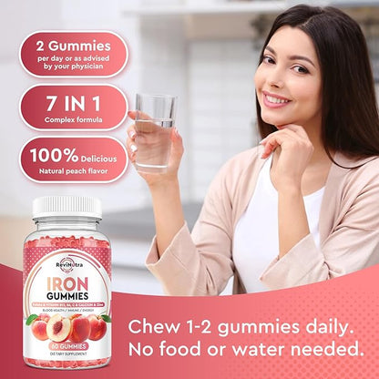 Iron Gummies with Zinc, Calcium, Vitamin C, B6 & B12 | Iron Supplement for Women, Men & Kids | Supports Anemia & Deficiency, Blood Builder & Cell Formation | Chewable Peach Flavor, 60 Gummies