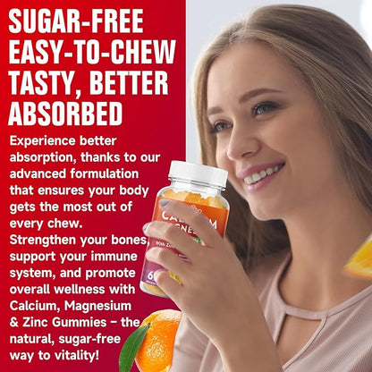 Calcium Gummies 1000mg with Vitamin D3 K2 & B Complex, Potassium, Calcium Magnesium Zinc Gummies for Bone, Muscle, Mood and Immunity - Orange Flavor 60 Gummies