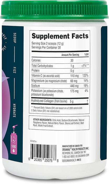 Organikа Electrolytes with Enhanced Collagen Powder for Women & Men - 13 oz - Wild Berry-Flavored Effervescent Electrolyte & Collagen Drink Mix - Deep Hydration, Mobility, Skin, Hair, & Nails