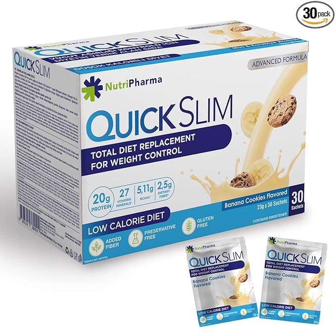 Quick Slim High Protein Shakes for Weight Loss, 30 Servings, Complete Meal Replacement Powder, Diet Shakes for Women & Men, 20g Protein, 27 Vit & Min, Keto, Gluten Free (Banana Cookies, 30 Sachets)