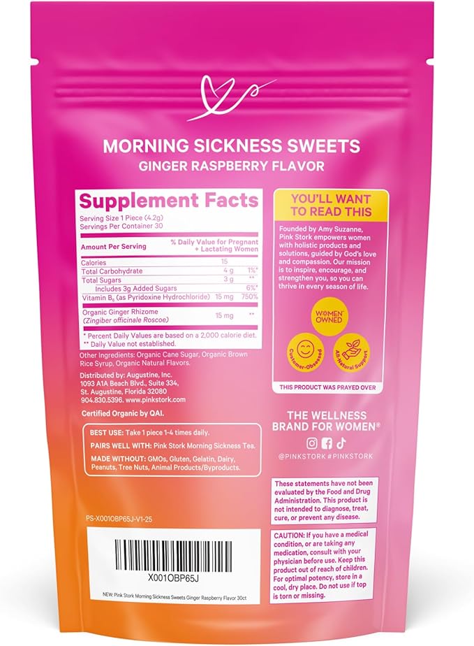 Pink Stork Morning Sickness Sweets, Organic Raspberry Ginger Candy with Vitamin B6, Support for Motion Sickness, Prenatal Heartburn - Pregnancy Must Haves - 30 Wrapped Drops