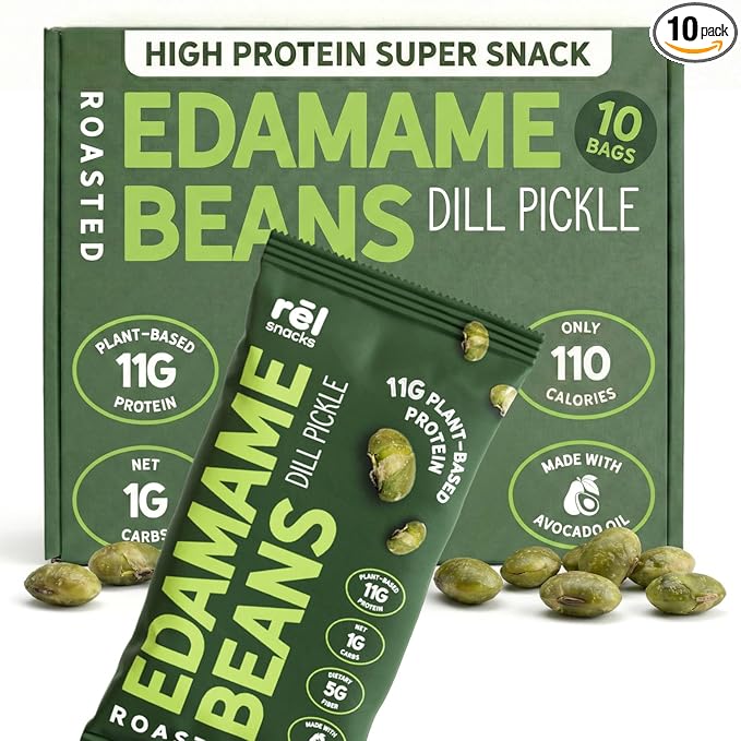 Rel Snacks Dill Pickle Roasted Edamame Beans – High Protein, Low Carb Snack (11g Protein) – Keto, Vegan, Non-GMO – Made with Avocado Oil – 10 Pack, 0.9 oz