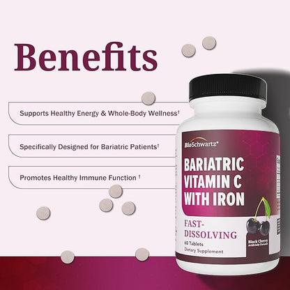 BioSchwartz Bariatric Vitamin C with Iron 45mg Chewable Tablets - 30 Servings, 60 Tablets - Sugar-Free, Fast-Dissolving Bariatric Iron Supplement for Women - Gentle on Stomach, Black Cherry Flavored