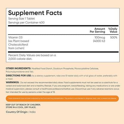 WeightWorld Vegan Vitamin D3 4000 IU Tablets - 400 Count - D3 Vitamin for Bone & Immune Health - (13+ Months Supply) - High Potency Vegan D3 for Women & Men - GMP-Approved - Gluten-Free - Non-GMO
