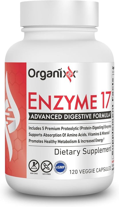 Organixx Enzyme 17 Essential Digestive Enzymes for Women & Men, for Gut Health & Optimal Digestive Health, Support for Bloating, Gas, Nutrient Absorption, Vegan, Non GMO, 120 Veggie Capsules