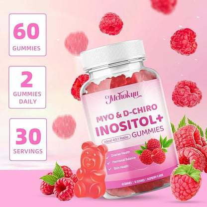 Myo-Inositol & D-Chiro Inositol Gummies, Ideal 40:1 Ratio Supplement for Women with Vitamin D3 & B12 for Support Hormonal Balance & Wellness, Sugar Free, Raspberry, 120 Count