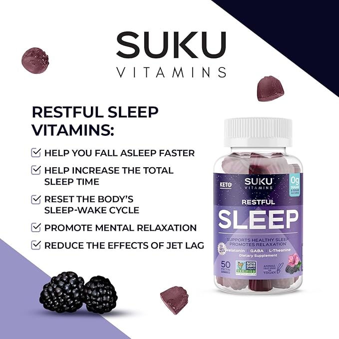 SUKU Restful Sleep Gummies – 3 mg Melatonin, L-Theanine & GABA – Vegan, Sugar-Free Chewable for Relaxation & Natural Sleep Support – BlackBerry-Hibiscus Flavor – Non-GMO, Gluten-Free – 50 Count