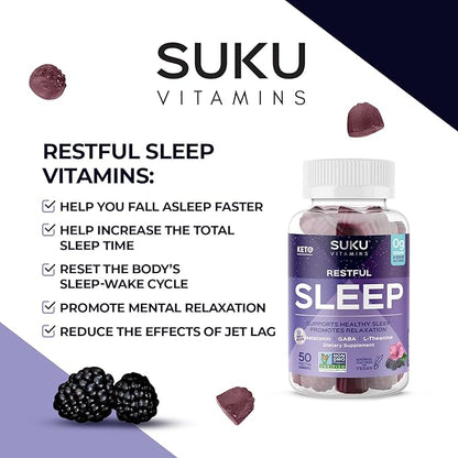 SUKU Restful Sleep Gummies – 3 mg Melatonin, L-Theanine & GABA – Vegan, Sugar-Free Chewable for Relaxation & Natural Sleep Support – BlackBerry-Hibiscus Flavor – Non-GMO, Gluten-Free – 50 Count