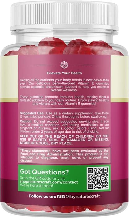 Natures Craft Vitamin E Gummies for Skin Care - High-Potency Vitamin E 400 IU Skin Supplement - Delicious & Easy-to-Take Supplement Promote Health Immune Support & Cellular Protection 90 Count