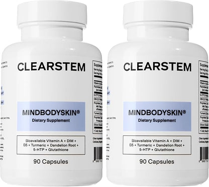 CLEARSTEM - MINDBODYSKIN Hormonal Acne Supplement (5-HTP) - Natural DIM Supplement - Skin Care Vitamins - Hormone Balance, Antioxidants - Gluten Free, Cruelty Free - 60 Servings, 180 Capsules