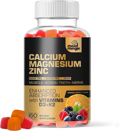 Calcium Magnesium Zinc Supplement Gummies for Kids Toddler & Adults - Enhanced Absorption with Vitamin D3 & K2 - Sugar Free Gluten Free Cal Mag Zinc Vegan Chewable Complex Calcium Gummies