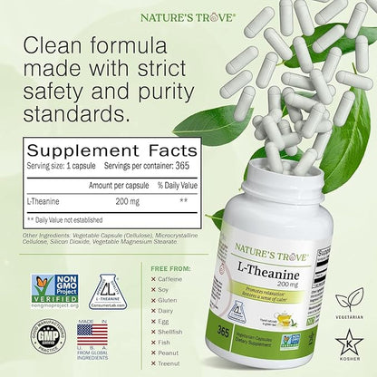Nature's Trove L-Theanine 200mg Super Value Size - 365 Vegetarian Capsules