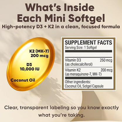 Real Good Essentials Vitamin D3 K2, Essentials D3+K2 (MK7) Coconut Oil 300 Softgels, with Vitamins D & K 10000 Iu Supports Calcium Absorption, Bone, Immune.(1)