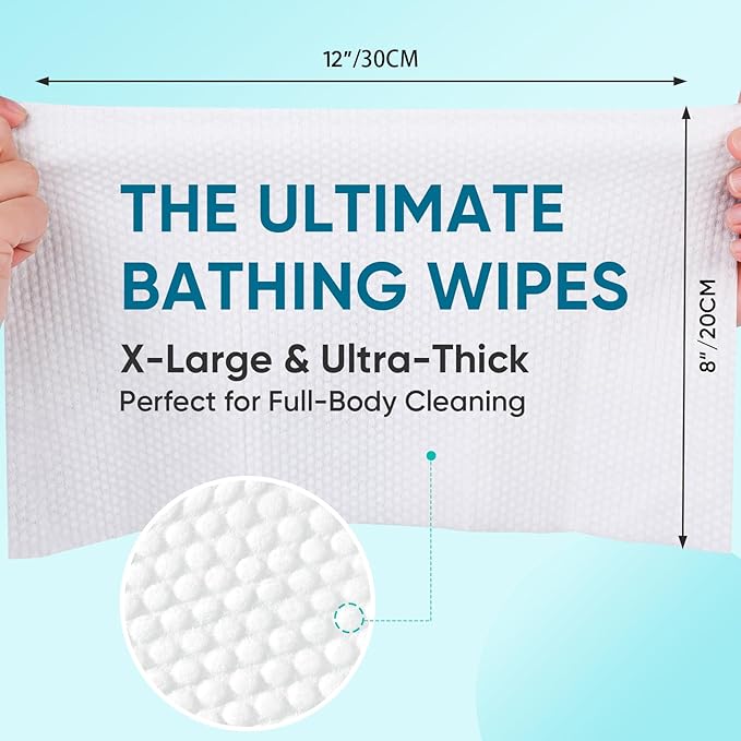 No Rinse Bathing Wipes for Adults - Extra Thick 8x12 Inch Disposable Shower Wipes, Hypoallergenic Unscented Body Cleansing Cloths for Bed Bath, Hospital, Travel, Camping - 300 Count(30 Packs)