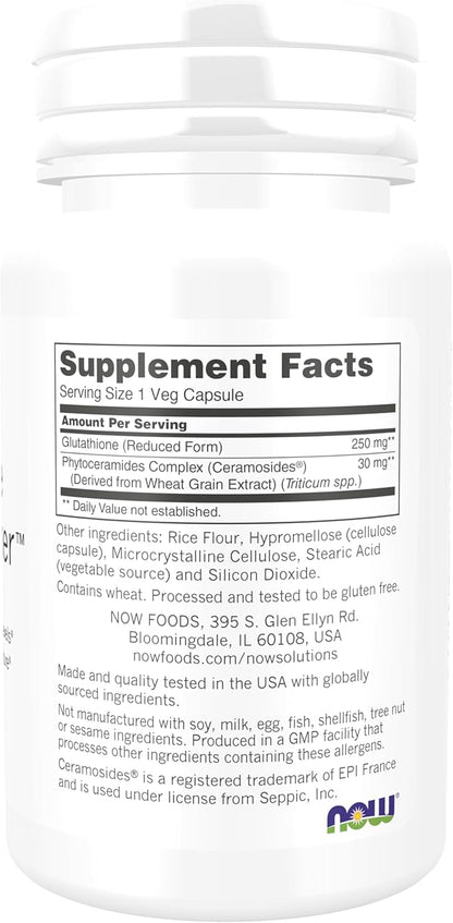 NOW Foods Solutions, Glutathione Skin Brightener with Ceramosides®, Moisturizing and Illuminating, 30 Veg Capsules