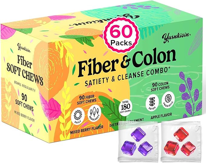 12g Fiber Gummies & Colon Gentle Cleanse - 180 Soft Chews 0 Sugar Fiber Gummies for Adults, 50 B Probiotics, Psyllium Husk & Senna - Colon Detox Cleanse for Gut Health, Regularity & Bloating Relief