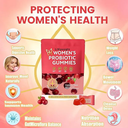 Prebiotic Nutritional Supplements Probiotic Gummies for Women-Women Exclusive pH Balanced probiotics-Controlling Off Flavors -Enriched with 5 Billion CFUs of Active Bacteria（60）