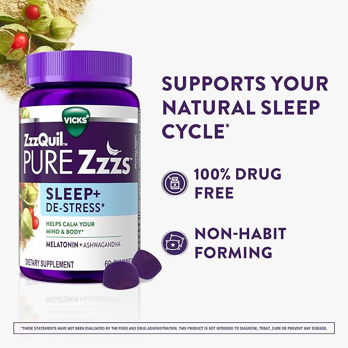 ZzzQuil PURE Zzzs De-Stress 2mg Melatonin Gummies, , Sleep Aids for Adults, Ashwagandha for Stress Support, 60 Gummies