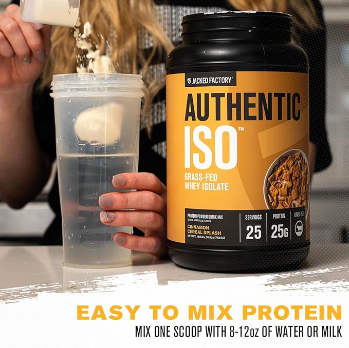 Jacked Factory Authentic ISO Grass Fed Whey Protein Isolate Powder - Low Carb, Non-GMO Muscle Building Protein w/No Fillers, Post Workout Recovery, Cinnamon Cereal Splash - 25 Servings