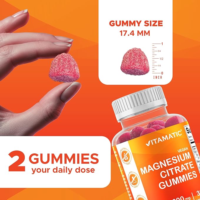 Vitamatic Magnesium Gummies 600mg per Serving – 60 Vegan Gummies – Relaxation, Muscle, Bone & Energy Support – 6 Pack
