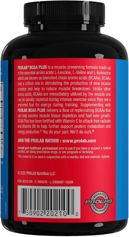 Prolab BCAA Plus Branched Chain Amino Acid Capsules, Muscle Recovery, Lean Muscle Support, Endurance & Performance Booster (180 Capsules)
