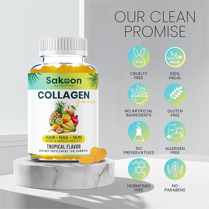 Sakoon nutrition Halal Collagen Gummies for Women and Men - Anti Aging, Hair Growth, Skin Care & Strong Nails Protein Collagen Supplements - Non-GMO, Gluten Free - Made in USA