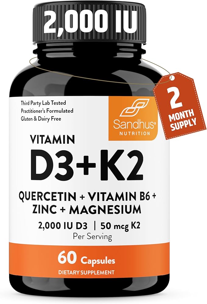 Sandhu's Vitamin D3 K2 Magnesium 2000 IU, 50mcg K2 Capsules 60 Count (Pack of 1) | with VIT B6, Zinc & Quercetin | D3K2 Supports Superior Absorption, Energy, Immune, Muscle Health for Men & Women