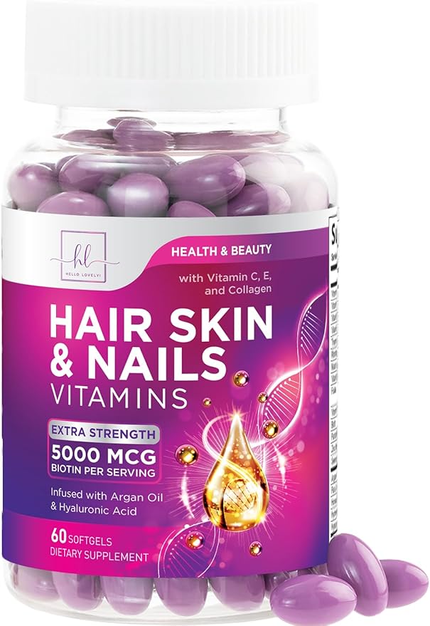 Hair Vitamins for Women for Hair Growth - Argan-Infused Supplement with Collagen, Biotin and Hyaluronic Acid - Supports Faster Hair Growth, Skin & Nails Beauty Vitamins, Bottled in USA - 60 Softgels