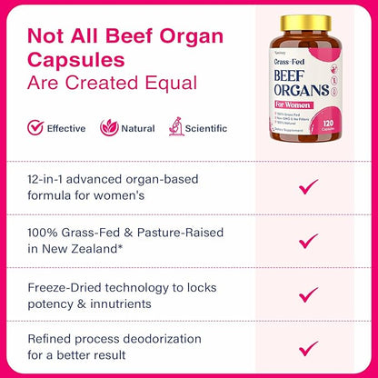 12-In-1 Beef Organ Supplement for Women - Beef Liver, Uterus, Kidney, Heart, Pancreas, 5 Vitamins & 2 Herbs, Hormone Balance, Menstruation, Energy, Immune - 100% Grass Fed, Pasture Raise - 120 Caps