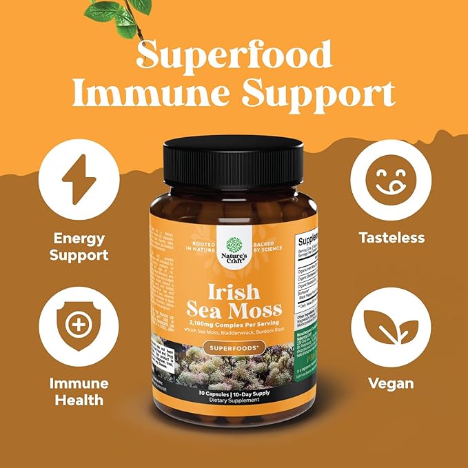 Irish Sea Moss Capsules - Sea Moss and Bladderwrack Capsules with Burdock Root Superfood Blend for Immune Support Heart Health Fertility Joint Health and Thyroid Support for Women and Men - 30 Count