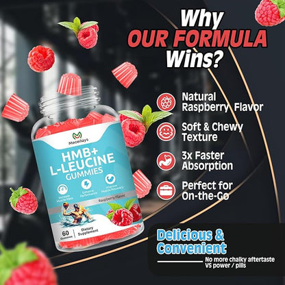 Hmb and Leucine Gummies Supplements for Men Women, 4000mg HMB & L-Leucine Amino Acid for Muscle Growth & Fast Work0ut Recovery, Non-GMO, Gluten-Free, Raspberry Flavor, 60 Count
