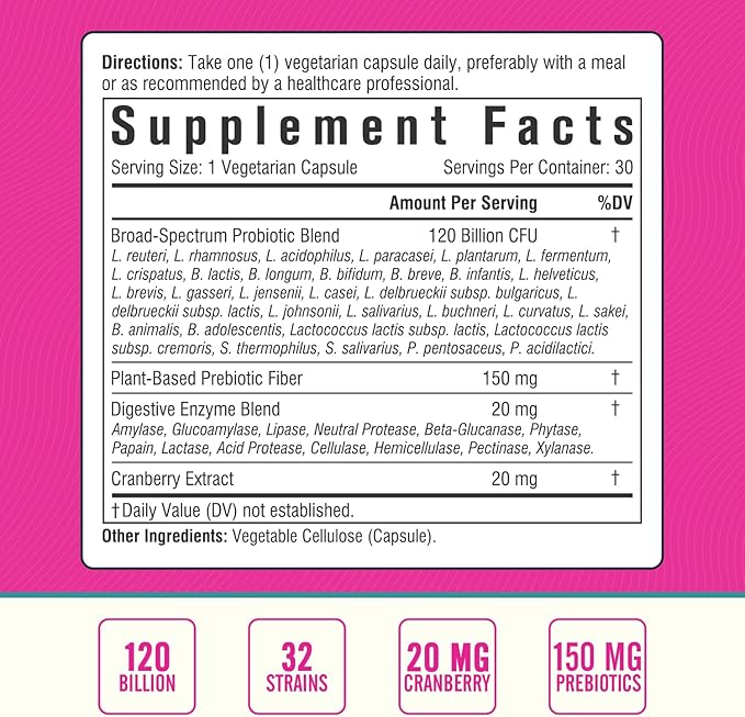Women's Probiotic, 120 Billion & 32 Strains with Cranberry, Prebiotics & Digestive Enzymes, Gut, Vaginal & Urinary Tract Support, 30 Delayed Release Capsules
