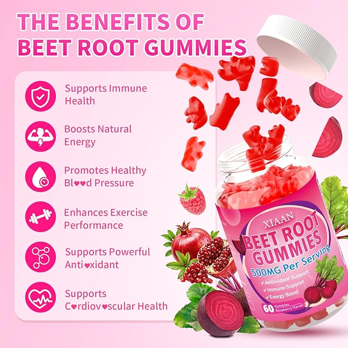 Beet Root Gummies for Women & Men, Beetroot Supplement Beet Chews with Vitamins Grape Seed for Antioxidant Supoort & Immune Health, Sugar-Free/Vegan/Organic,Raspberry Flavor 120 Count