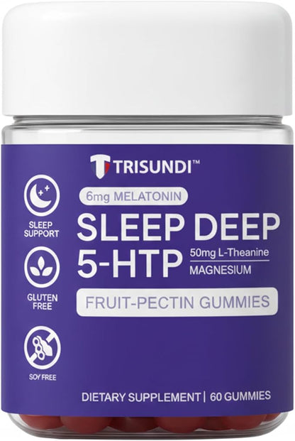 Sleep Gummies Deep Relax 5-HTP Gummies – Melatonin, L-Theanine & Magnesium – Vegan Fruit-Pectin Formula – Gluten & Soy Free – 60 Gummies