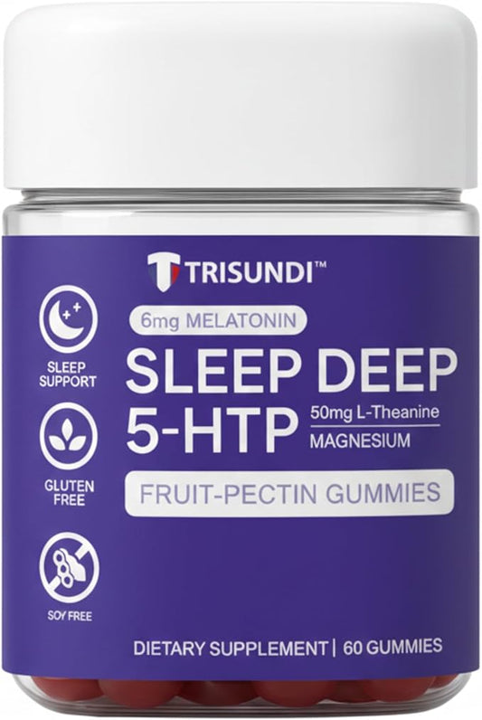 Sleep Gummies Deep Relax 5-HTP Gummies – Melatonin, L-Theanine & Magnesium – Vegan Fruit-Pectin Formula – Gluten & Soy Free – 60 Gummies