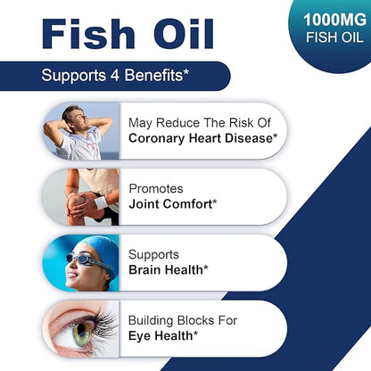 Fish Oil Omega 3 Concentrate Supplement 1000 mg, Rich in EPA and DHA, Supports Heart, Joint, Brain, and Eye Health, Promotes Overall Well-Being, Strengthens The Immune System, Non-GMO | 200 softgels