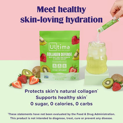 Ultima Replenisher Collagen Defense Supplement and Electrolytes Powder - Kiwi Strawberry, 13 Stickpacks - Hydration Packets with Dermaval and Biotin that Keep Your Skin Hydrated and Looking Radiant