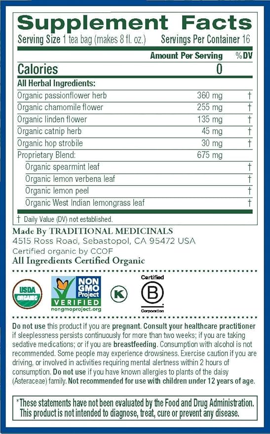 Traditional Medicinals Organic Nighty Night with Passionflower Herbal Tea, Promotes a Good Night’s Sleep, (Pack of 2) - 16 Tea Bags
