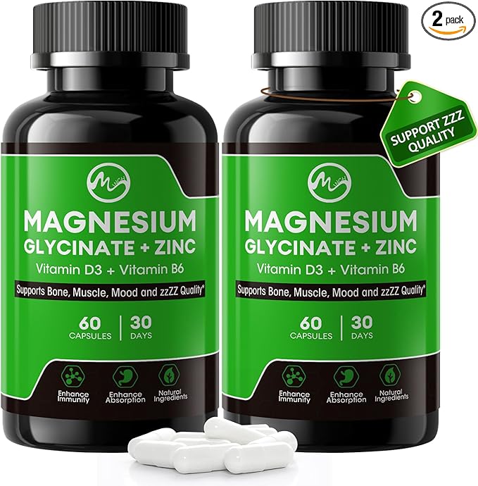 (2 Pack) Magnesium Glycinate Capsules, Magnesium Supplement with Zinc, Vitamin D3 & B6 - Highly Bioavailable and Absorption - Bone, Heart, Joint, Immune Support, 120 Vegan Capsules