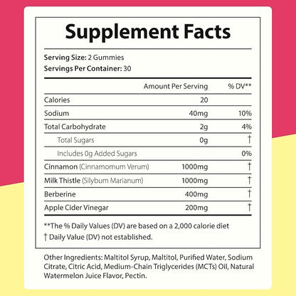 NIFEISHI Berberine Supplement, (Sugar-Free) Berberine Gummies with Ceylon Cinnamon, Milk Thistle for Metabolism, Energy, Gut Health, Vegan, Non-GMO, Gluten Free - Watermelon Flavor 60 Gummies