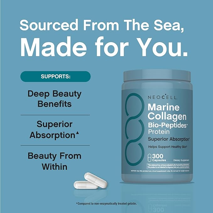 NeoCell Marine Collagen Peptides Capsules | 300 Pills | with Hyaluronic Acid | Plus Vitamin C | Superior Absorption Bio-Peptides for Women and Men | Premium Formula Supplement
