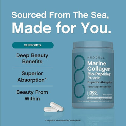 NeoCell Marine Collagen Peptides Capsules | 300 Pills | with Hyaluronic Acid | Plus Vitamin C | Superior Absorption Bio-Peptides for Women and Men | Premium Formula Supplement