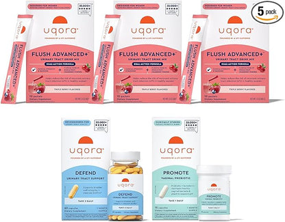 Uqora Flush Advanced+ Regimen with Flush Advanced+ (3 Pack) - Cranberry to Reduce Risk of Recurrent UTI** - Defend & Promote - D-Mannose, Vitamin C, Green Tea Extract & Probiotics - 3-Part Bundle