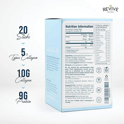 Multi Collagen Protein Powder Packets - Types I, II, III, V & X - Hydrolyzed Grass Fed Bovine, Wild Caught Fish, & Free-Range Chicken & Eggshell Collagen. Non-GMO, Halal, (10g Each, 20 Packets)