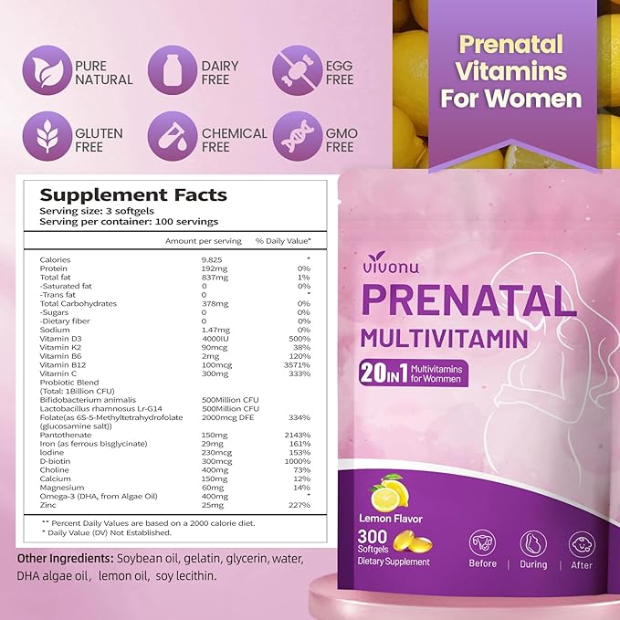 VivoNu 20 in 1 Prenatal Multivitamin, Prenatal Vitamins for Women, Vitamin C D3 K2 B6 B12, Folic Acid, Omega 3 DHA, Choline, Probiotic, Iron, Calcium, Zinc & Magnesium, 300 Softgels