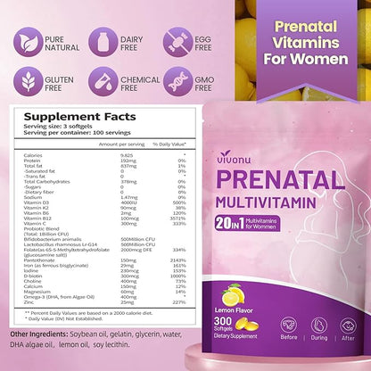 VivoNu 20 in 1 Prenatal Multivitamin, Prenatal Vitamins for Women, Vitamin C D3 K2 B6 B12, Folic Acid, Omega 3 DHA, Choline, Probiotic, Iron, Calcium, Zinc & Magnesium, 300 Softgels