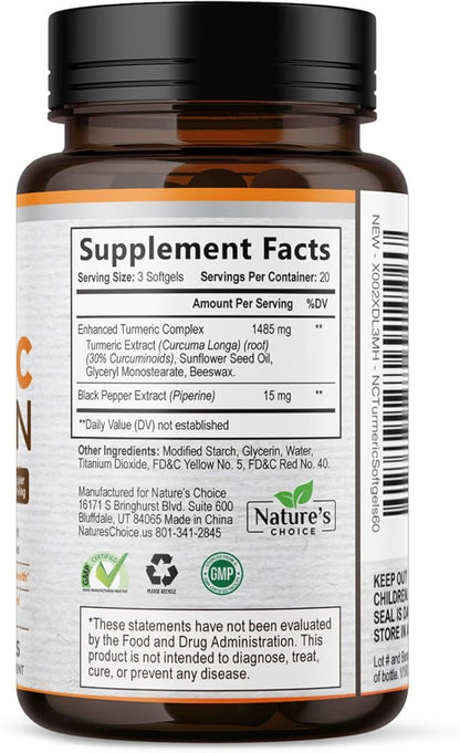 Turmeric Curcumin Supplement Complex - BioPerine Black Pepper Extract Advanced Absorption Curcuminoids for Nature's Joint Support - Antioxidant Herbal Supplement for Women & Men, Non-GMO - 60 Softgels