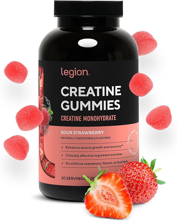LEGION Creatine Monohydrate Gummies – Clean Chewable Creatine Supplement for Strength, Endurance & Muscle Recovery – 30 Serving Sour Strawberry – No Artificial Flavors or Sweeteners